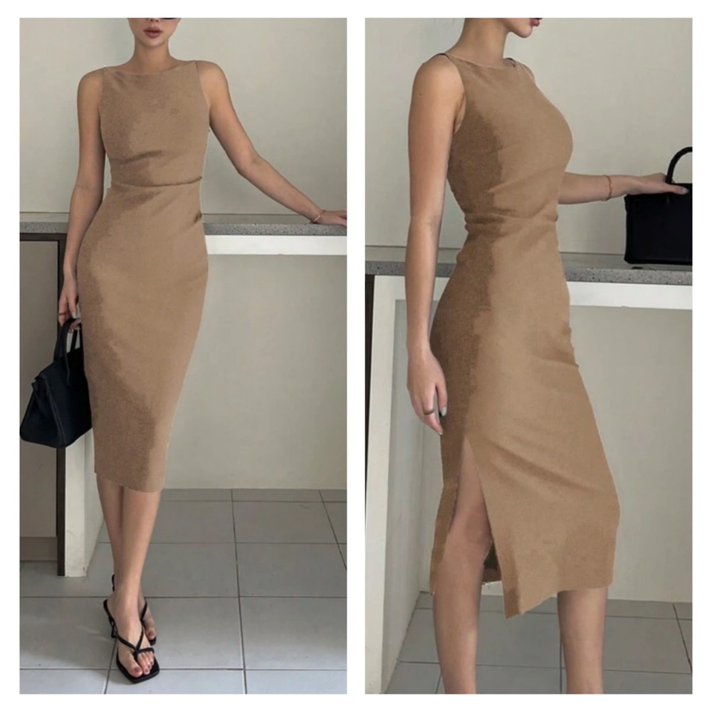 Elegant Tan Sleeveless midi fitted Dress